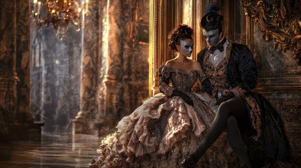 Masquerade Romance: A captivating couple in elegant 18th-century attire share an intimate moment in a grand ballroom, bathed in the warm glow of candlelight.