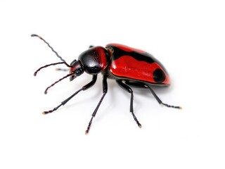 Fototapeta premium A close-up of a harlequin beetle's body with vibrant red and black colors on a clean white surface, insect species classification, beetle anatomy