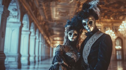 Fototapeta premium Masquerade Elegance: A captivating couple in elaborate Venetian-style masquerade costumes, their faces veiled by elegant silver masks, stand in a grand, opulent hallway.