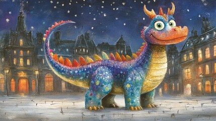 Fototapeta premium A whimsical, illuminated dragon standing in a snow-dusted cityscape at night
