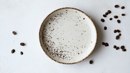 Obraz premium Empty coffee bowl, beans scattered, white background, food photography