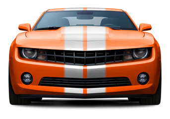 Powerful American orange muscle car front view. With white stripes in the center. Isolated on a transparent background in PNG format.