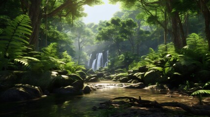 Scenic view of a tranquil forest with waterfalls and flowing stream in daylight