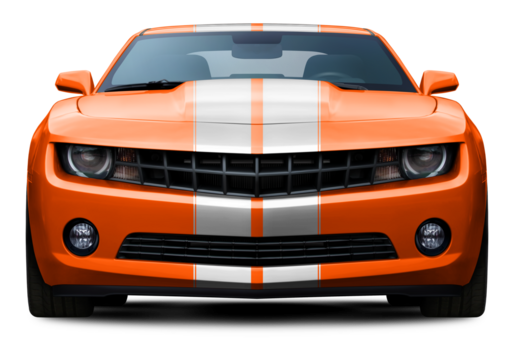 Powerful American orange muscle car front view. With white stripes in the center. Isolated on a transparent background in PNG format.