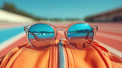 Sporty sunglasses placed on athlete's bag beside bright track in training area