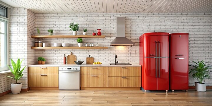 Modern Kitchen with Red Refrigerators, White Brick, Wooden Shelves - AI Photo