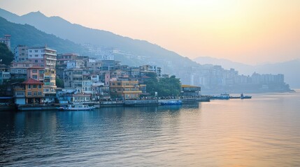 Naklejka premium Serene Sunset over Lakeside Town nestled in Mountains