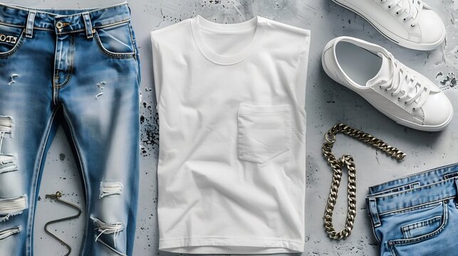 Casual men's clothing flat lay jeans, t-shirt, shoes, jewelry. Lifestyle image for online stores - Powered by Adobe