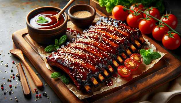 Food A close-up view of a rack of barbecued ribs glazed with caramelized sauce, sprinkled with sesame see1