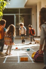 Kids playing hide-and-seek among the playground equipment, peeking around corners and giggling
