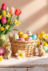 Fototapeta premium Easter Basket with Painted Eggs and Bunny Figurines