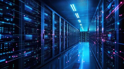 Fototapeta premium Futuristic Server Room: Digital Data Center Corridor
