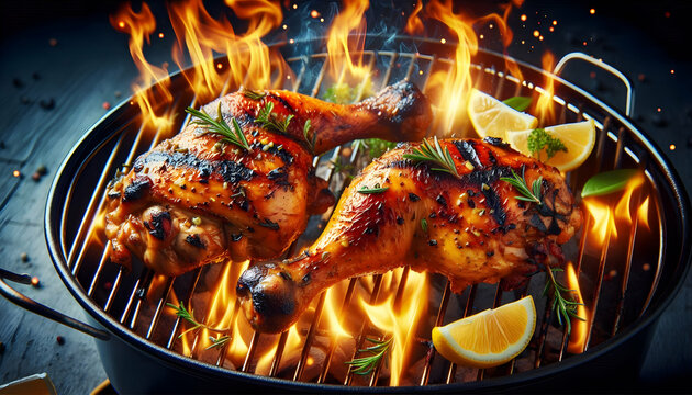Food A close-up of two grilled chicken legs on a barbecue grill, with flames rising from the grill The ch3