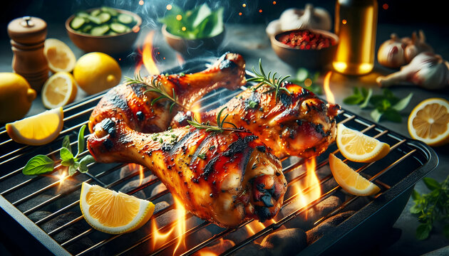 Food A close-up of two grilled chicken legs on a barbecue grill, with flames rising from the grill The ch2