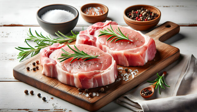 Food A close-up of two raw pork chops on a wooden cutting board, each topped with rosemary, with bowls of2