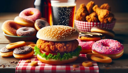 Food A close-up of a single hamburger surrounded by donuts, fried chicken, and cookies on the checkered t2