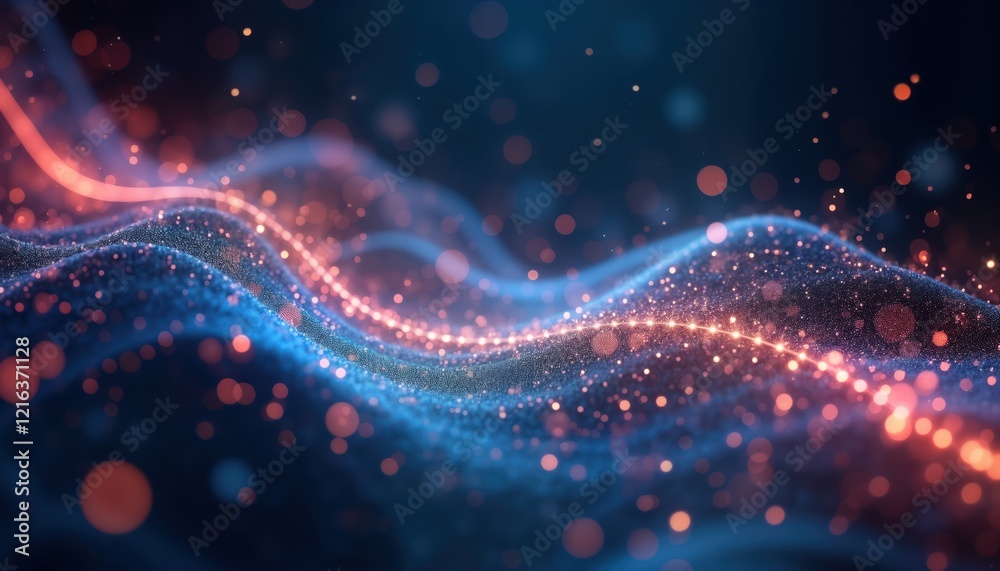 Poster Abstract illustration of quantum tech. Waves, particles form patterns. Futuristic graphic design of energy field. Glowing lines, spheres create complex shapes. Dynamic abstract art. Stylish science
