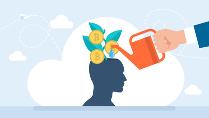 A discussion on bitcoin investment strategy. Cryptocurrency mining concept. Concept of mining with cryptocurrency coin symbols on green tree. Isolated on white background. Vector illustration.