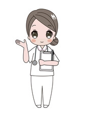 カルテを持って右手でどうぞと案内している看護師さんのイラスト