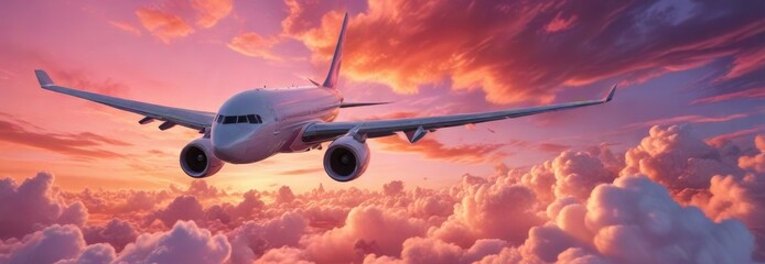 a commercial airliner flying above a layer of puffy orange colored clouds against a vibrant pink sunset, travel, cloud formations