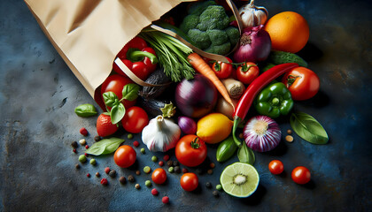 Food A close-up angled view of a brown paper bag spilling items, emphasizing the vibrant colors and textu4
