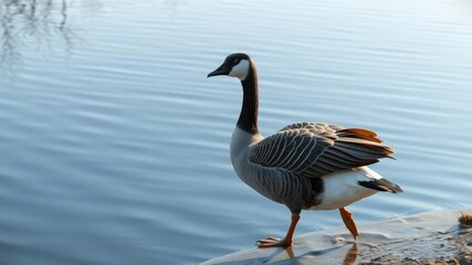 Obraz premium A country goose waddling along the edge of a lake with its wings folded and feathers fluffed for warmth, wildlife in motion, outdoor adventures