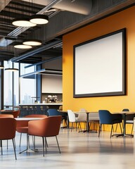 Modern Office Lounge Design with Orange Wall and Blank Canvas, Stylish Interior Space