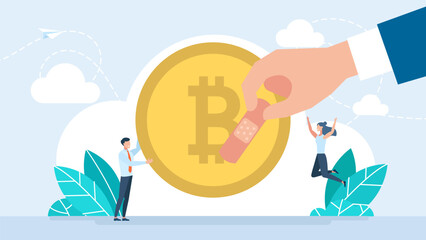 A bitcoin patched with plaster. A cryptocurrency market crash. Man trader saving crypto currency from financial crisis. Finance and trading. Vector illustration.