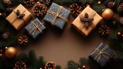 Festive Christmas decorations and wrapped gifts arranged on a beige background. Includes natural and rustic elements, perfect for holiday greetings. Warm and minimalist aesthetic