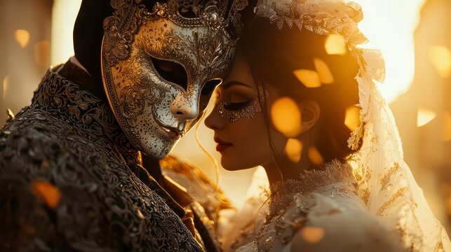 Masked Love Story: A mysterious man in an ornate Venetian mask gazes into the eyes of a beautiful woman, their love story playing out in the warm glow of the setting sun.