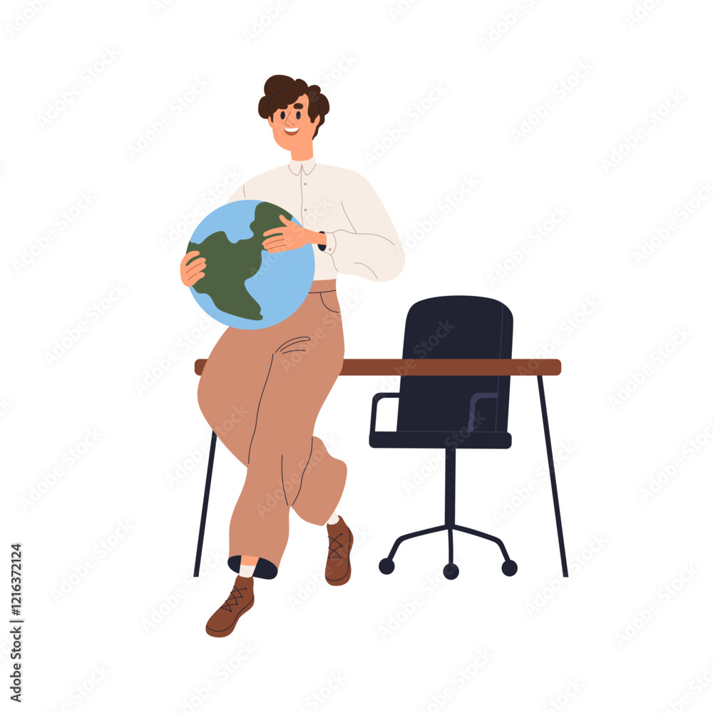 Aufkleber geography teacher standing by desk with globe during lecture. happy man lecturer speaking, teaching 