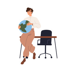 Geography teacher standing by desk with globe during lecture. Happy man lecturer speaking, teaching nature science in class, study room. Flat vector illustration isolated on white background