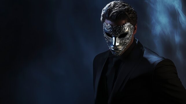 Masked Figure in Shadow: A mysterious figure in a sleek black suit and a silver masquerade mask stands shrouded in smoky shadows, radiating an air of intrigue and secrecy.