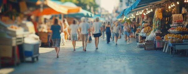 Obraz premium Vibrant Street Market Scene: A Blur of People and Produce