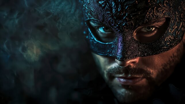 Mysterious Masked Man: A dramatic close-up portrait of a man with a dark, ornate Venetian mask, his intense gaze piercing through the smoky shadows.  The image evokes intrigue and mystery. 