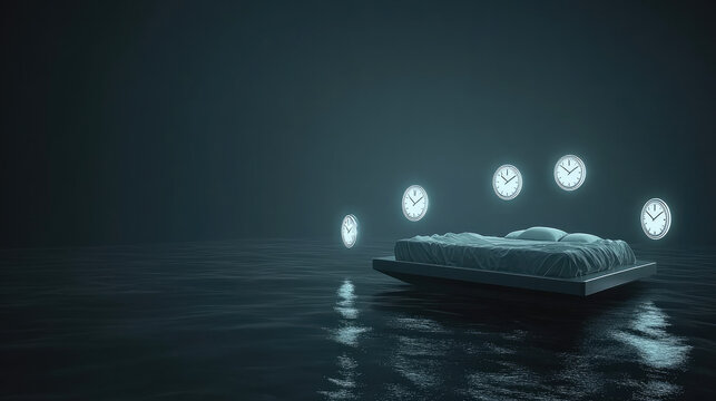 A floating bed in a dark void surrounded by glowing clocks, symbolizing the anxiety of sleep disorders.