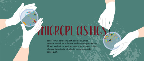 Microplastic pollution. Petri dish with microplastics. Scientist's hand in glove holding plate with plastic. Water or soil waste. Laboratory test, chemical analysis. Vector flat cartoon illustration