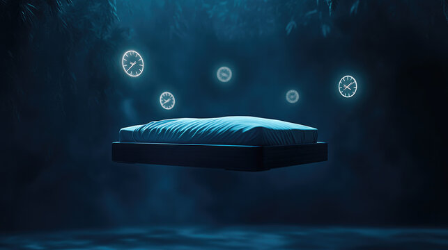 A floating bed in a dark void surrounded by glowing clocks, symbolizing the anxiety of sleep disorders.