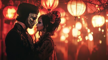 Masked Romance: A captivating couple, adorned in elegant masquerade attire, share an intimate moment under the warm glow of hanging lanterns. The scene is rich with mystery and allure.