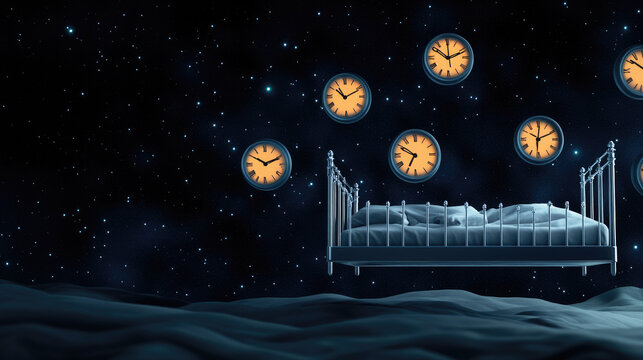 A floating bed in a dark void surrounded by glowing clocks, symbolizing the anxiety of sleep disorders.