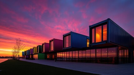 Colorful shipping container building at sunset, waterfront location; architectural design, real estate