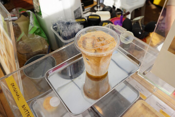 Iced latte coffee on tray, Coffee