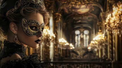 Fototapeta premium Masquerade Mystery: A woman in a black dress, with a golden mask concealing her eyes, stands in an opulent hall, bathed in soft, warm lighting. Her enigmatic expression suggests a hidden story.