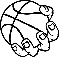 A mascot person hand or fist holding a basketball ball