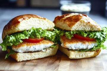 Delight in a hearty fish sandwich featuring fresh lettuce and ripe tomatoes, topped with tartar sauce, all nestled between soft ciabatta bread. Enjoy this culinary treat in a warm cafe ambiance