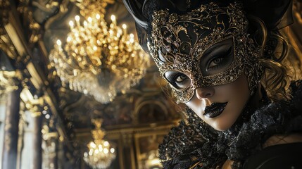Masquerade Mystery: A woman with dark makeup wears an ornate black and gold Venetian mask, her eyes peering out enigmatically. The intricate details of the mask.