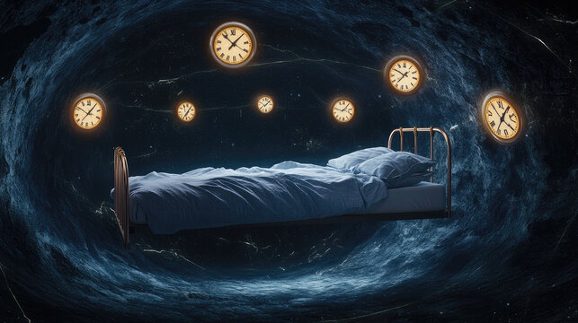 A floating bed in a dark void surrounded by glowing clocks, symbolizing the anxiety of sleep disorders.