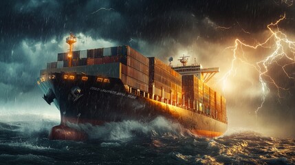 Container ship battles stormy seas under dramatic lightning at night near a coastline
