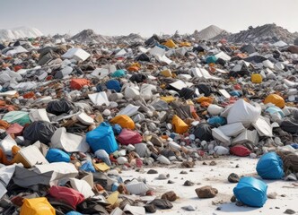 A massive heap of garbage and debris on a white surface, enormous chaos, enormous trash pile, enormous clutter