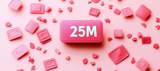 25M Celebration. Red Notes With 25 Million Text, Likes, Comments On Pastel Background